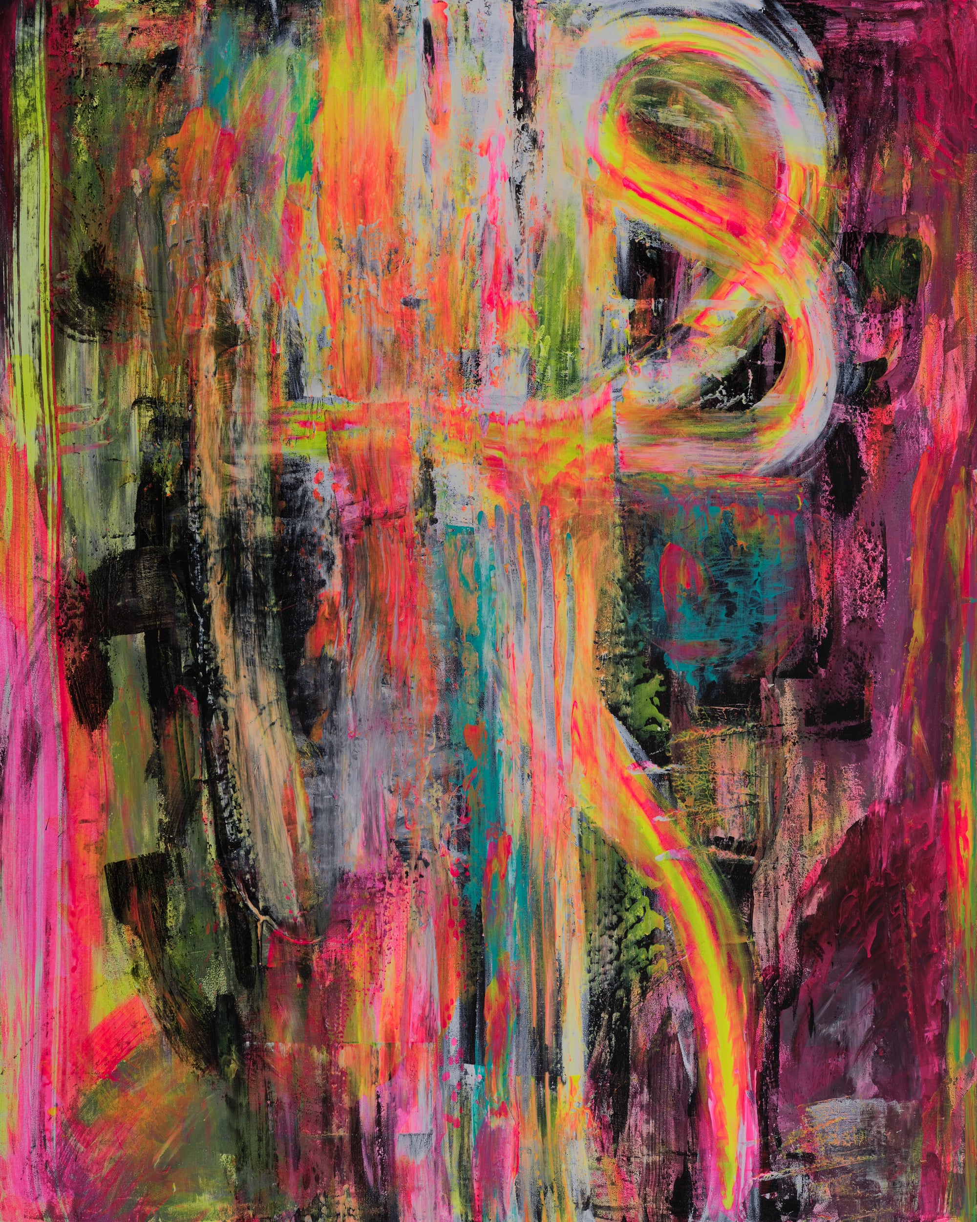 Abstract acrylic painting with layers of pink, yellow, teal, and black tones and soft sweeping lines of light, part of The Little Universe’s Chrysalis series exploring healing and transformation.